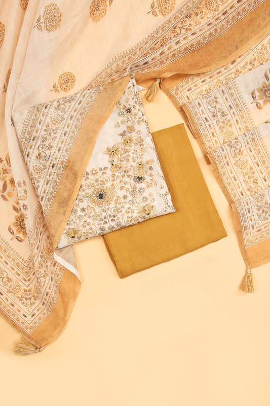 Off White and mustard Linen blend unstitched suit fabric in Print with Minimal Embroidery work on neck with Linen Blend printed Dupatta