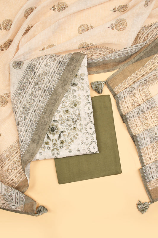 Off White and green Linen blend unstitched suit fabric in Print with Minimal Embroidery work on neck with Linen Blend printed Dupatta