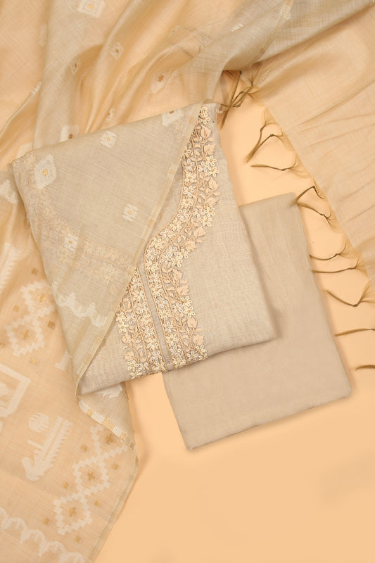 Off White Jamdani unstitched suit fabric with self Color French knot embroidery on neck with Jamdani weaved dupatta