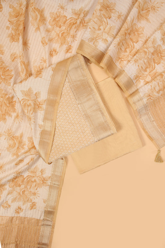 Lemon Yellow Assam Silk Unstitched suit set in Print and Zari woven stripes on shirt with Self Contrast Floral Printed and Zari woven Dupatta