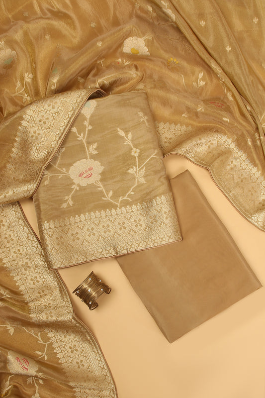 Golden Shimmer Tissue Silk in small buti paired with Floral and Meenakari Zari Weave on Daaman and Dupatta