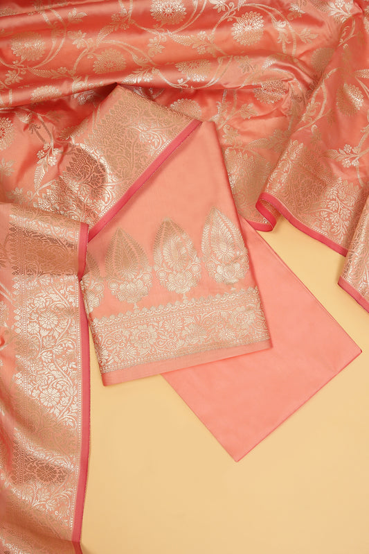 Peach Banarasi Silk Blend Suit Set in Plain Shirt with Front Border and Jaal Woven Dupatta