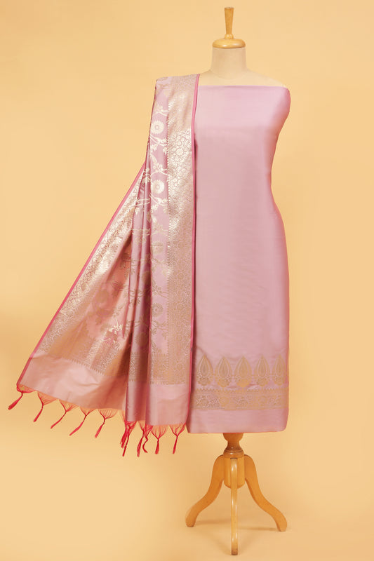 Blush Pink Banarasi Silk Blend Suit Set in Plain Shirt with Front Border and Jaal Woven Dupatta