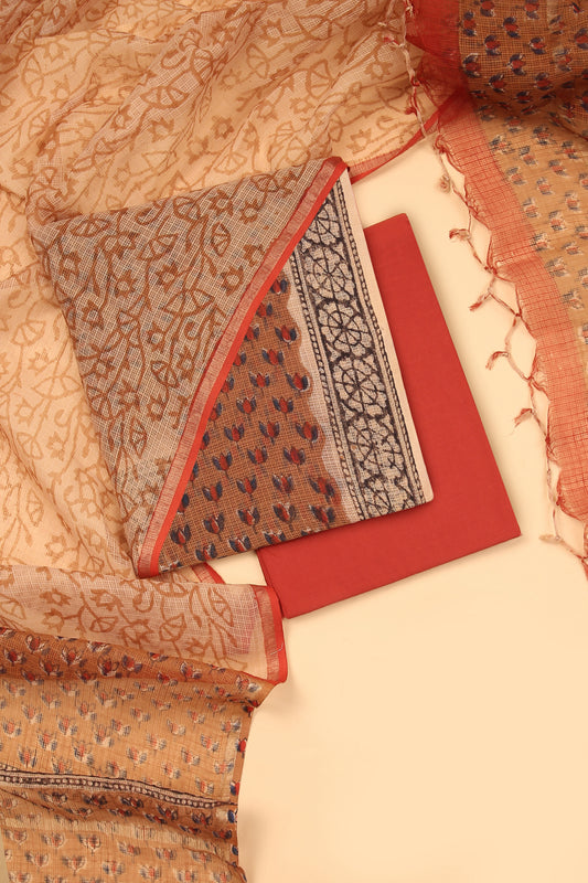 Brown Hand Block Pure Kota Cotton unstitched suit set in Kota doria handblock shirt and dupatta with contrast plain cotton bottom