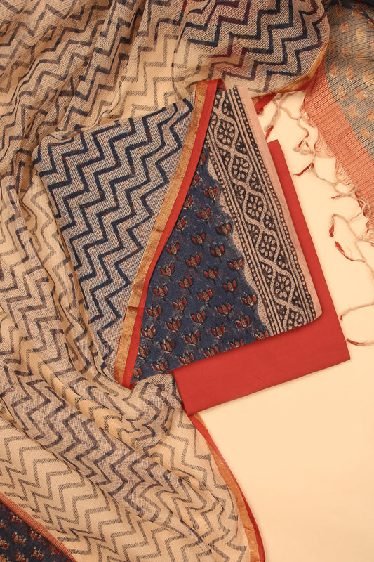 Blue Hand Block Pure Kota Cotton unstitched suit set in Kota doria handblock shirt and dupatta with contrast plain cotton bottom