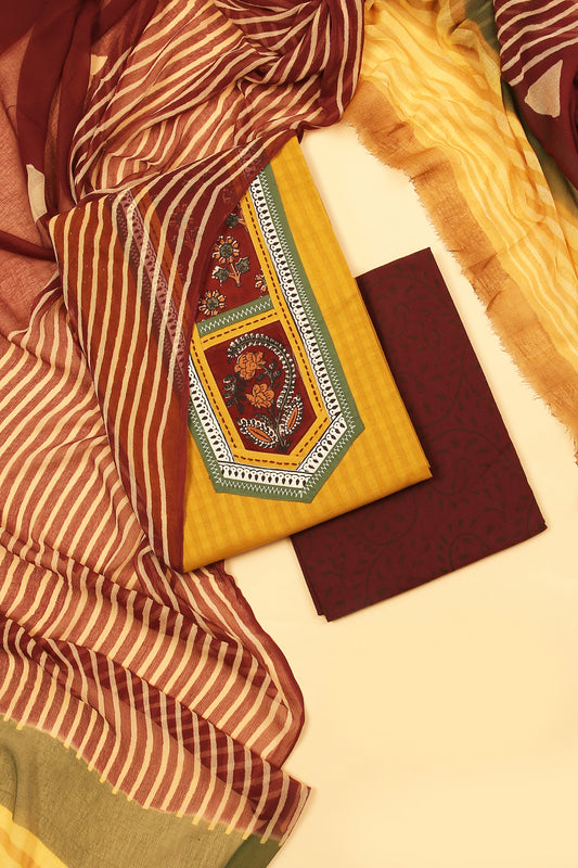 Mustard Charm Handloom unstitched Cotton Suit with hand block Maroon Cotton Bottom