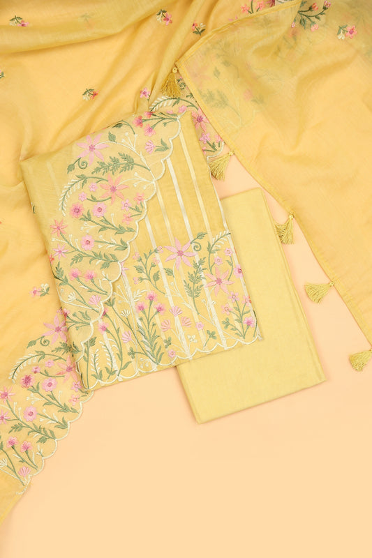 Pastel Yellow Pure chanderi silk unstitched suit set in sona rupa striped weaving paired with multi colour emroidered dupatta