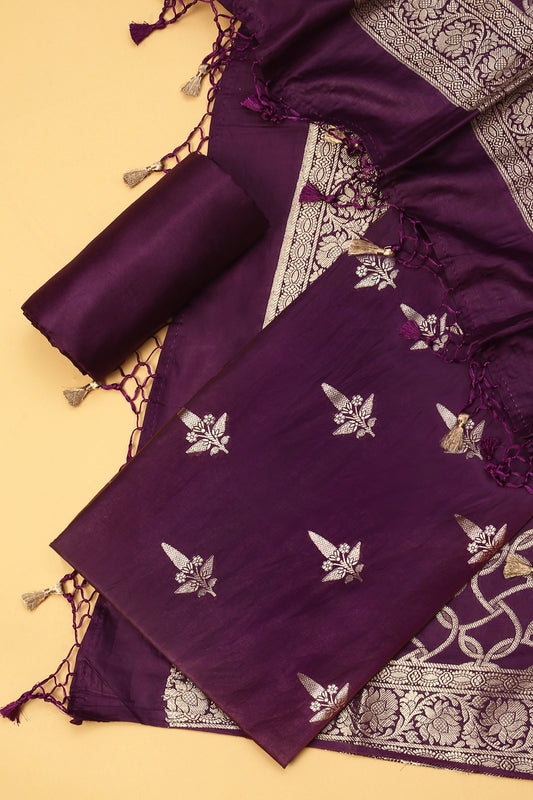 Royal Purple Chiniya Silk Blend Zari Woven Unstitched suit set with Zari Woven Dupatta