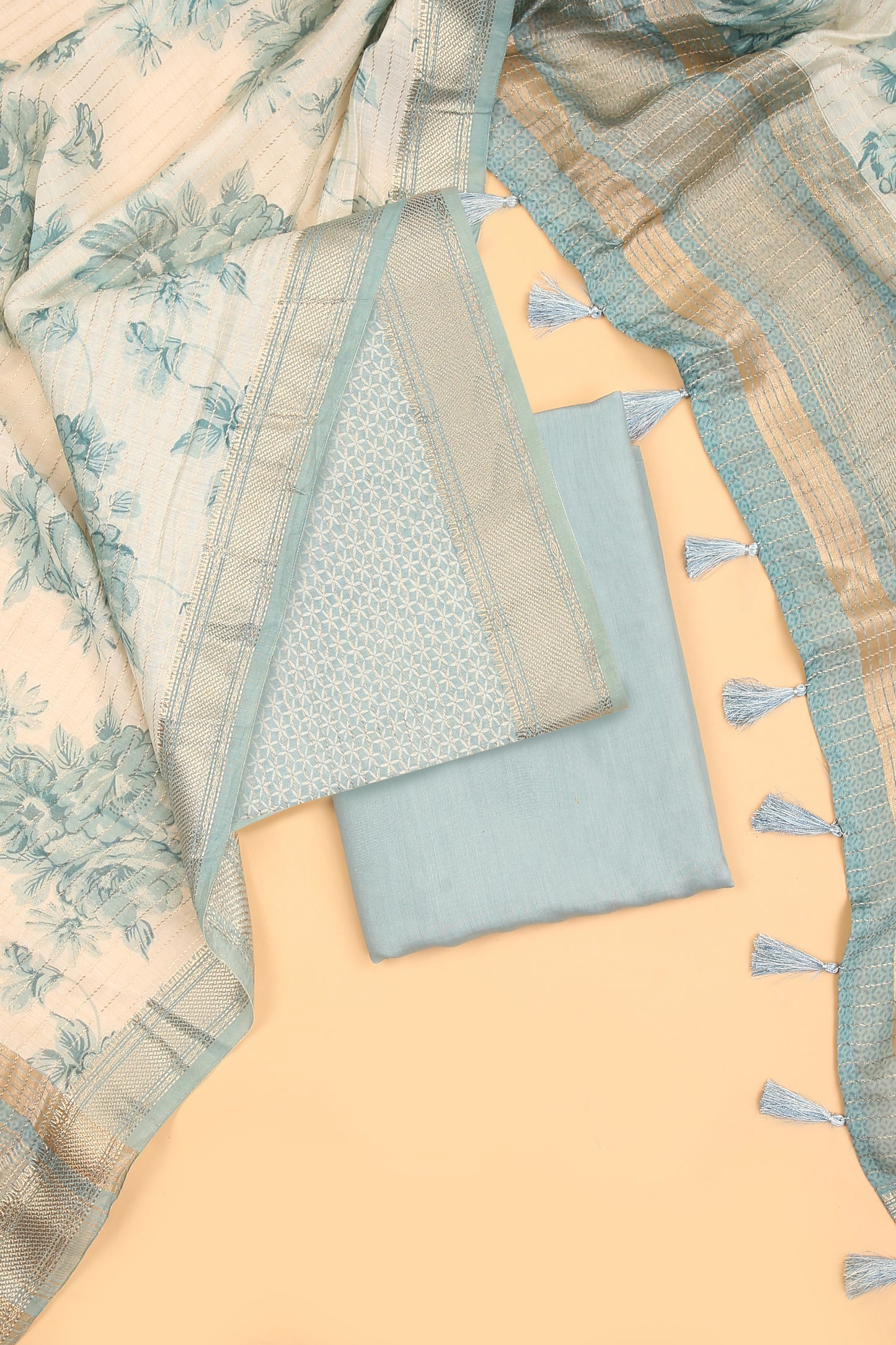 Sky Blue Assam Silk Unstitched suit set in Print and Zari woven stripes on shirt with Self Contrast Floral Printed and Zari woven Dupatta