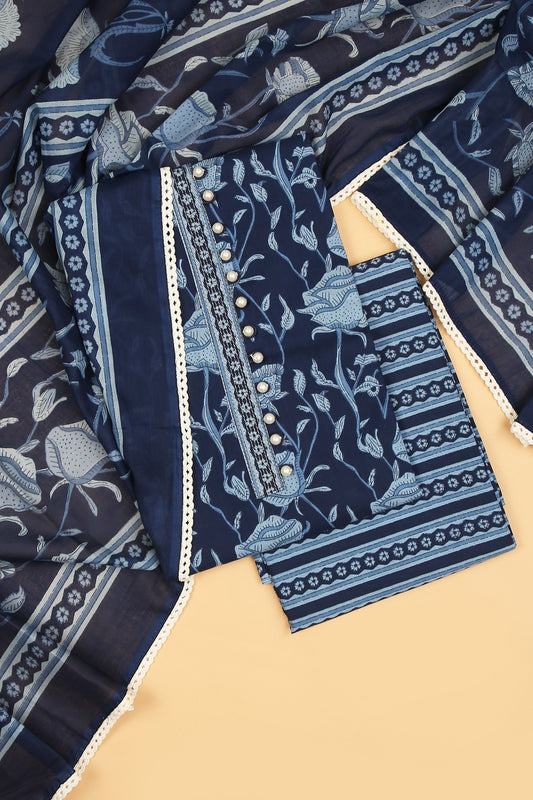 Blue Floral Pure Cotton Unstitched Suit Set with printed dupatta