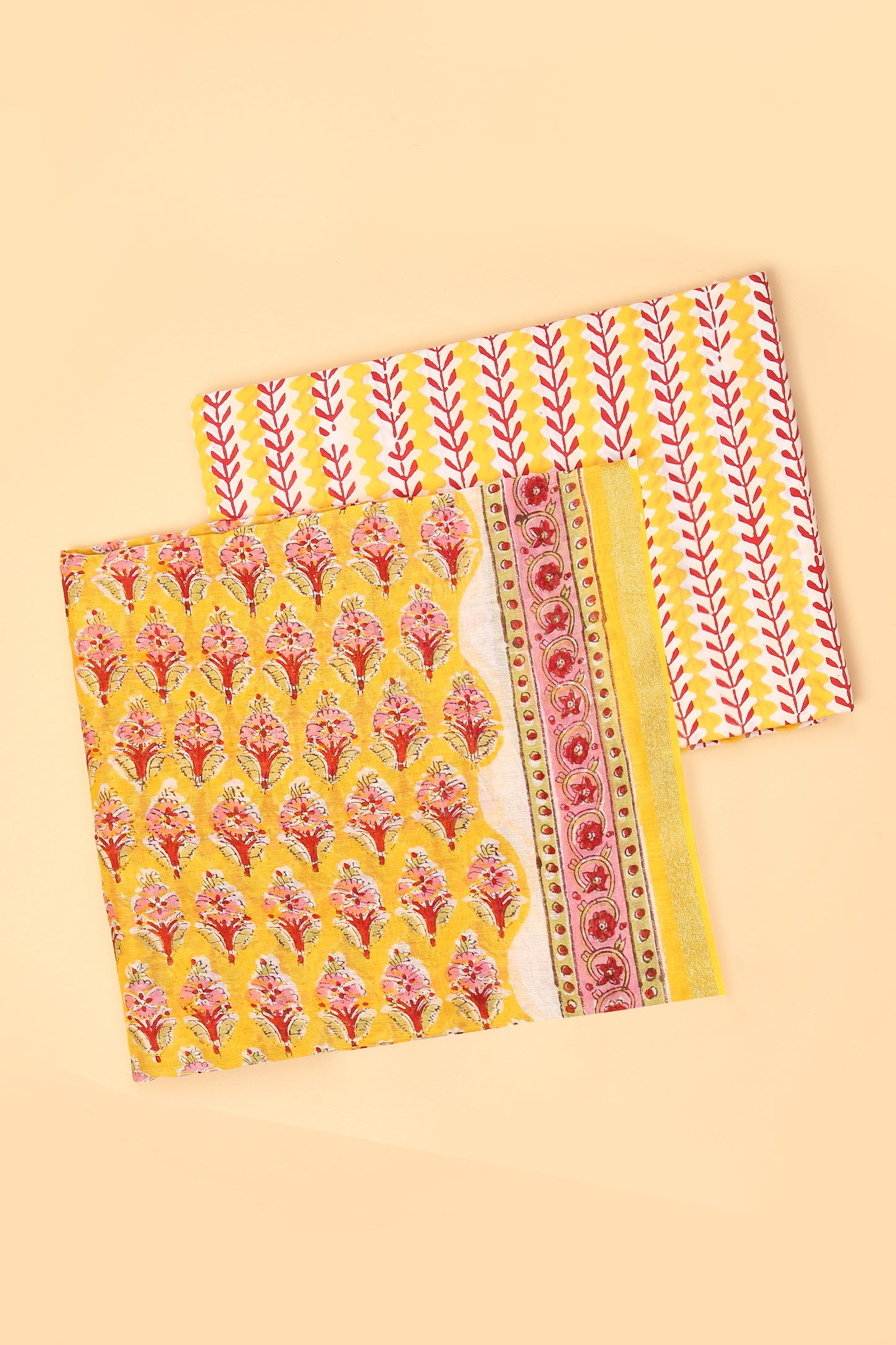 Yellow Pure Hand Block Chanderi unstitched suit set with pure Cotton striped handblock Bottom