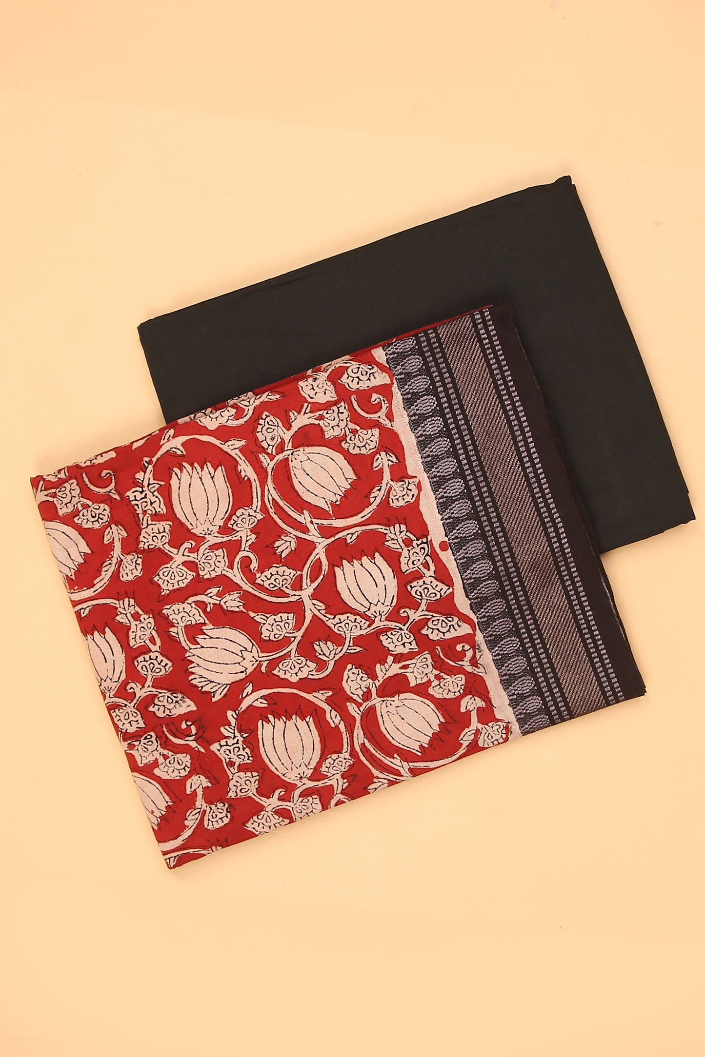Red Kalamkari Pure Cotton hand block unstitched Suit set with hand block printed dupatta