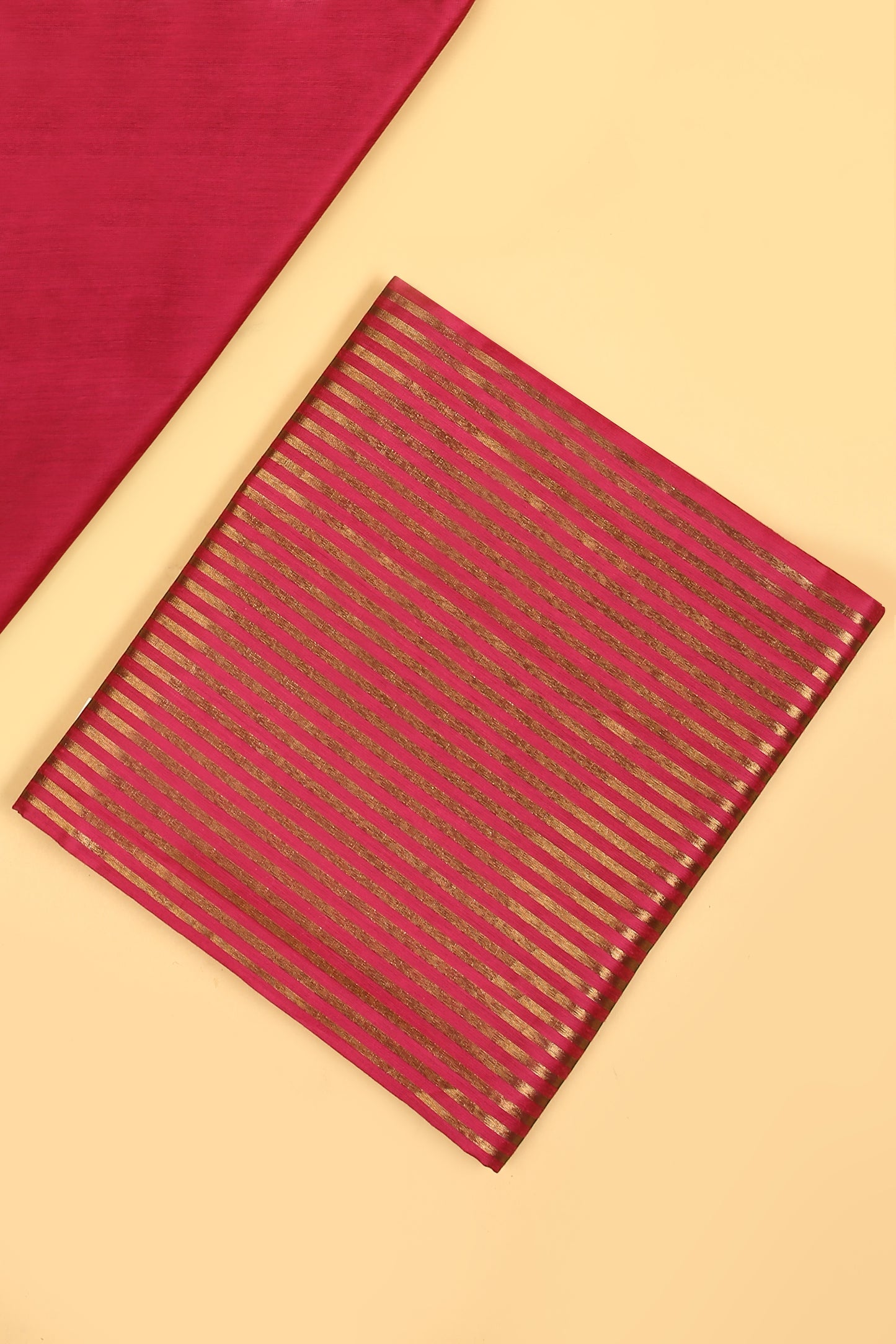 Pink Plain Banarasi Cotton Silk suit with woven border on daaman and Stripe woven golden zari dupatta