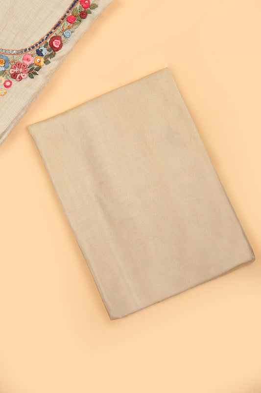 Off White Jamdani unstitched suit fabric with Multi Color French knot embroidery on neck with Jamdani weaved dupatta