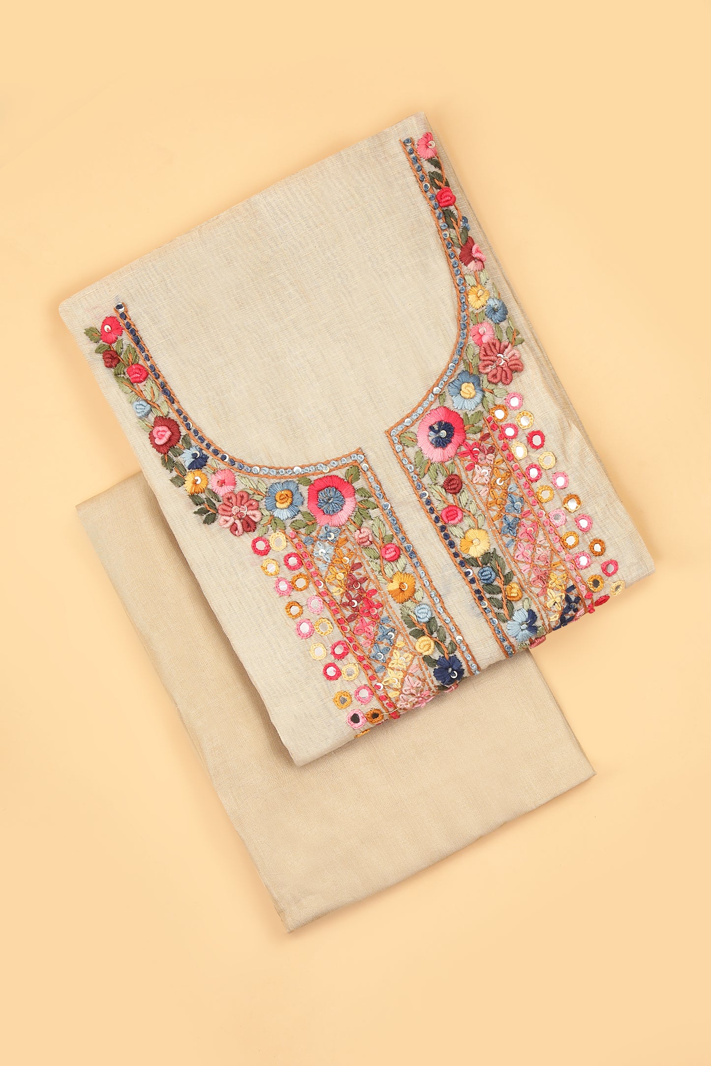 Off White Jamdani unstitched suit fabric with Multi Color French knot embroidery on neck with Jamdani weaved dupatta