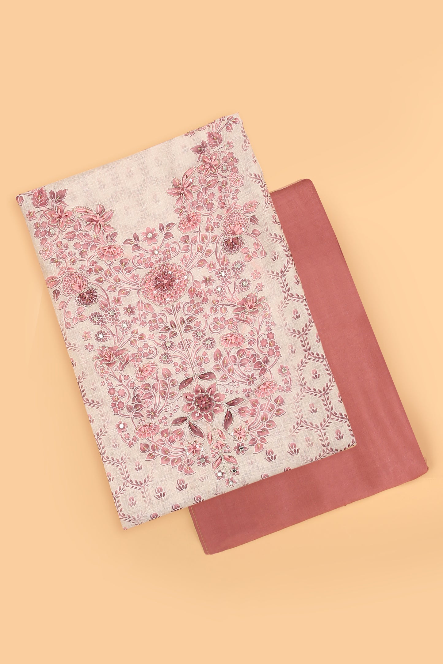 Off White and pink Linen blend unstitched suit fabric in Print with Minimal Embroidery work on neck with Linen Blend printed Dupatta
