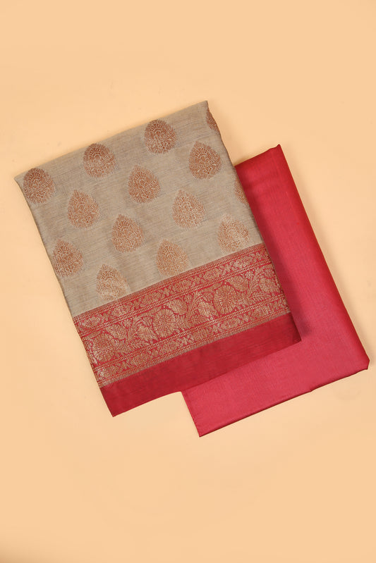Chiku color Banarasi Cotton Silk Zari Buti Woven Unstitched suit with Red Contrast Jaal Woven Dupatta