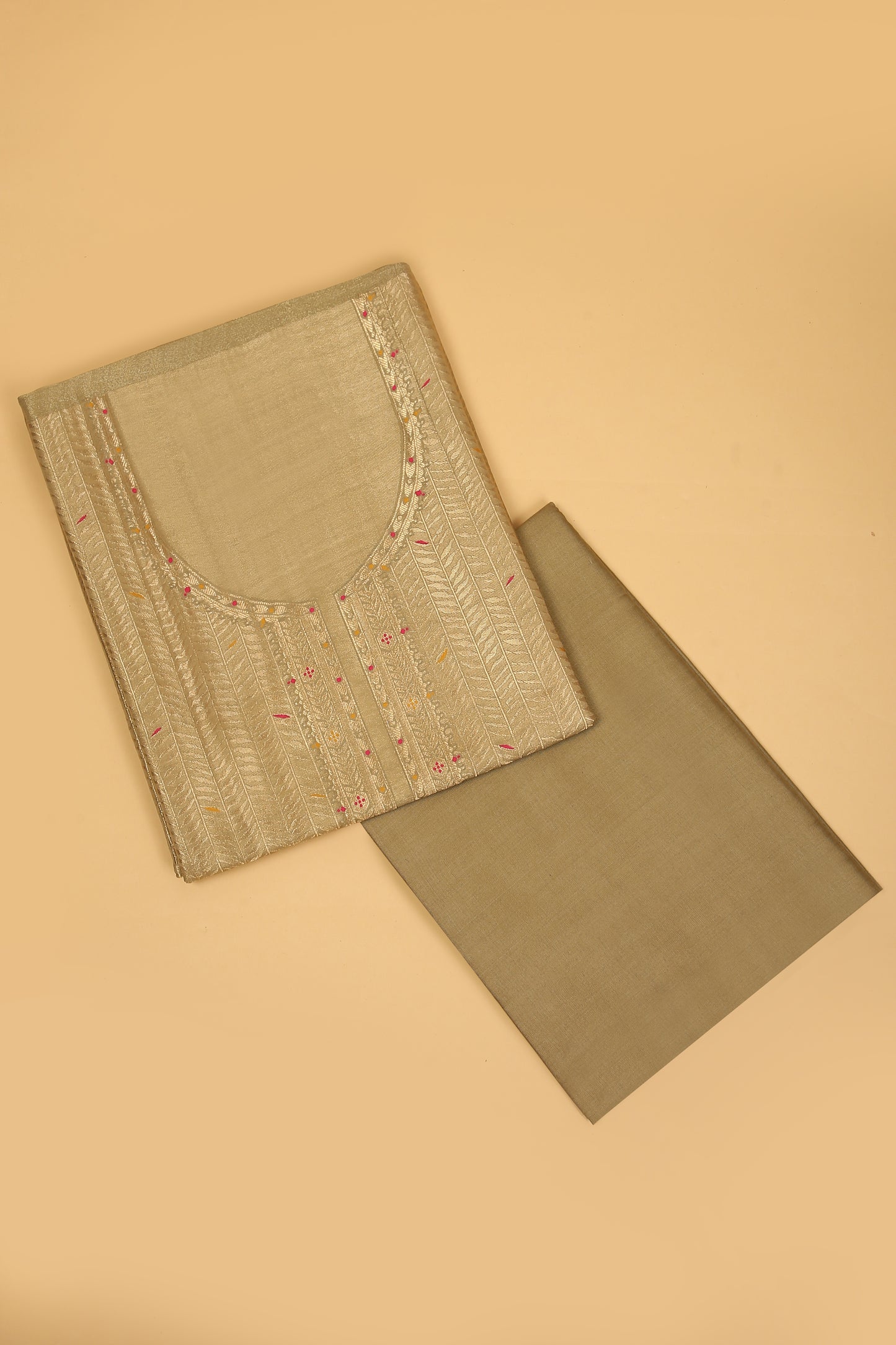 Golden Kimkhwab Silk suit set in intricate weaving with light meena detailed work on neckline and body with Gold zari woven dupatta