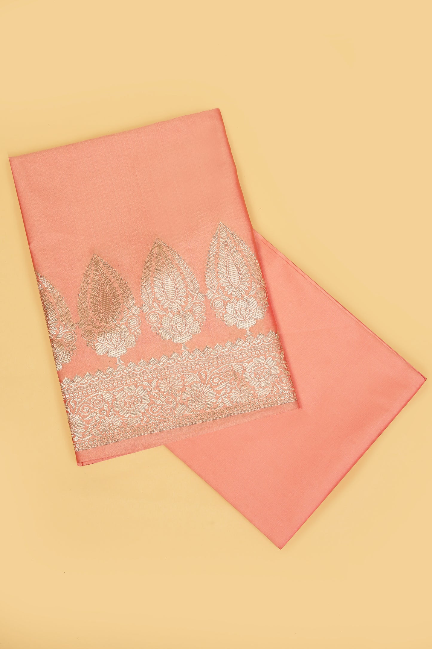 Peach Banarasi Silk Blend Suit Set in Plain Shirt with Front Border and Jaal Woven Dupatta