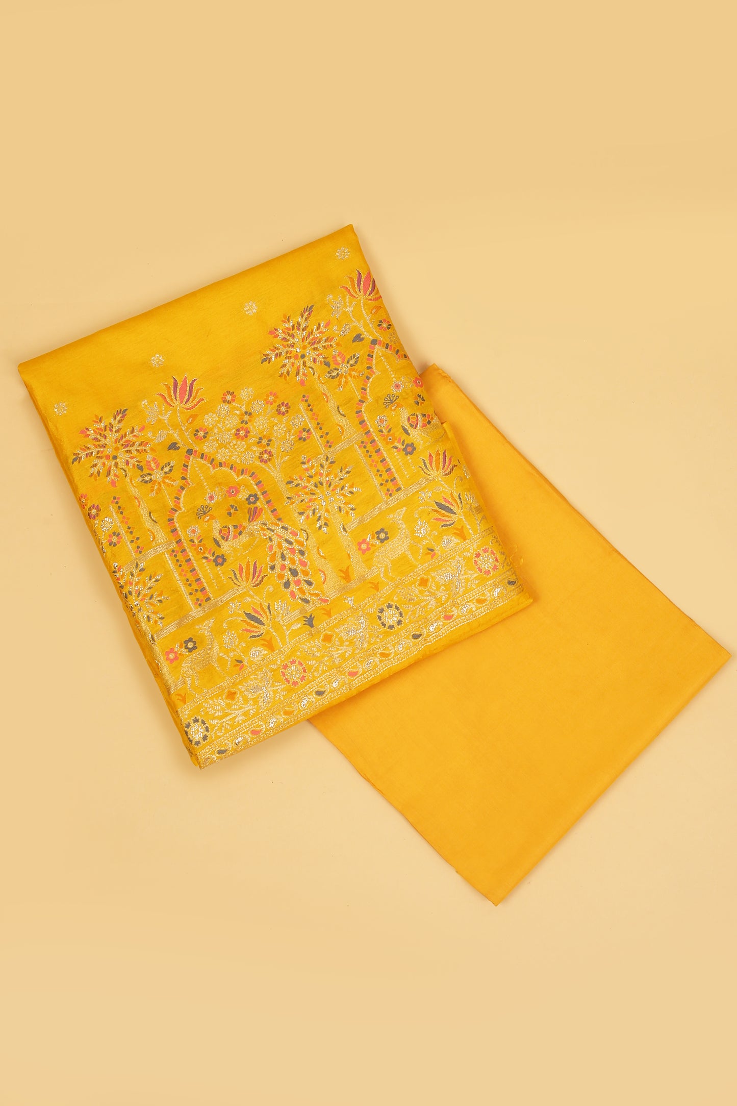 Yellow Chanderi Silk suit in small motifs all over shirt and dupatta with meenakari work on ghera and border