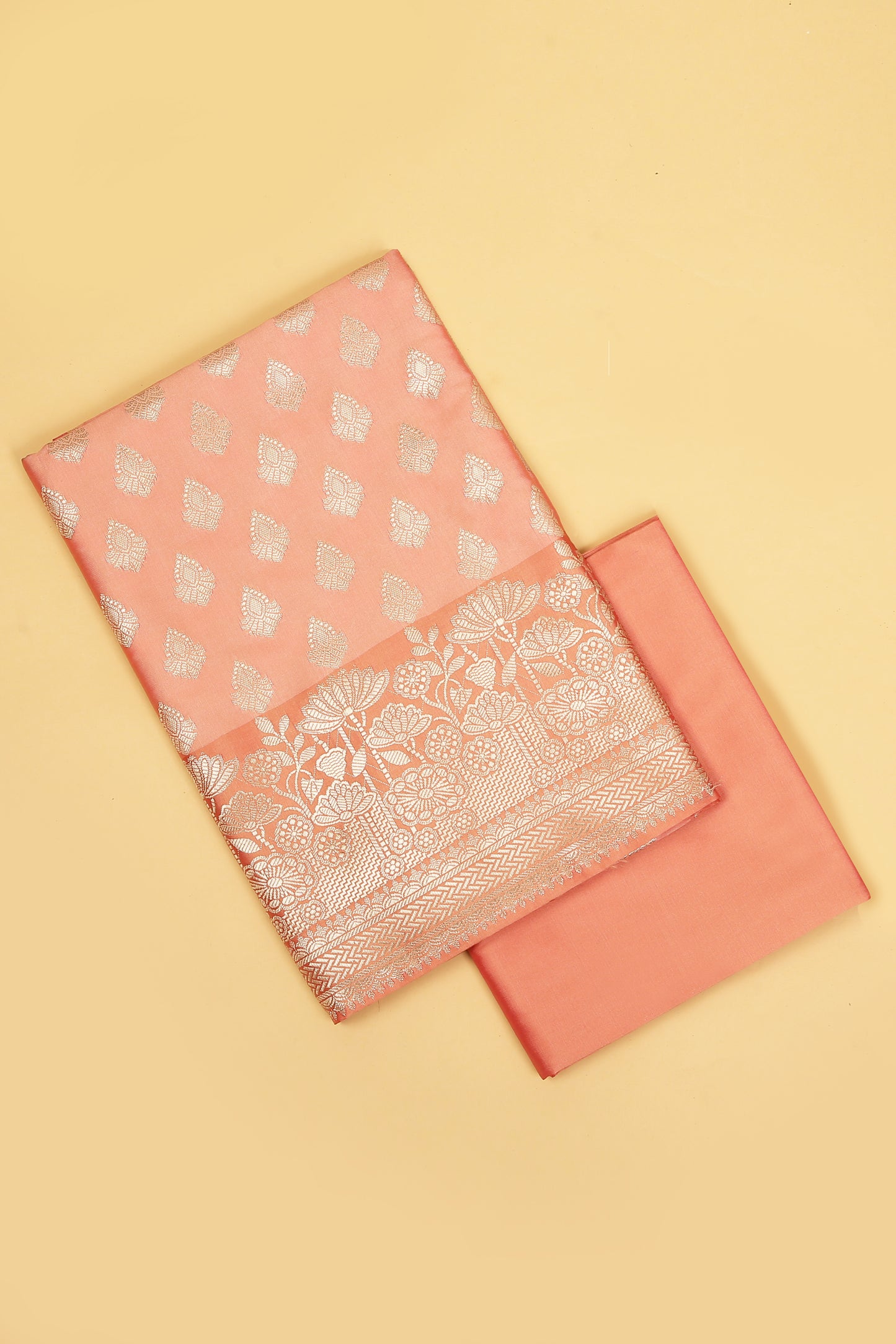 Peach Base paired with Buti on shirt in Banarasi Silk Blend with Self Contrast Jaal Woven Dupatta