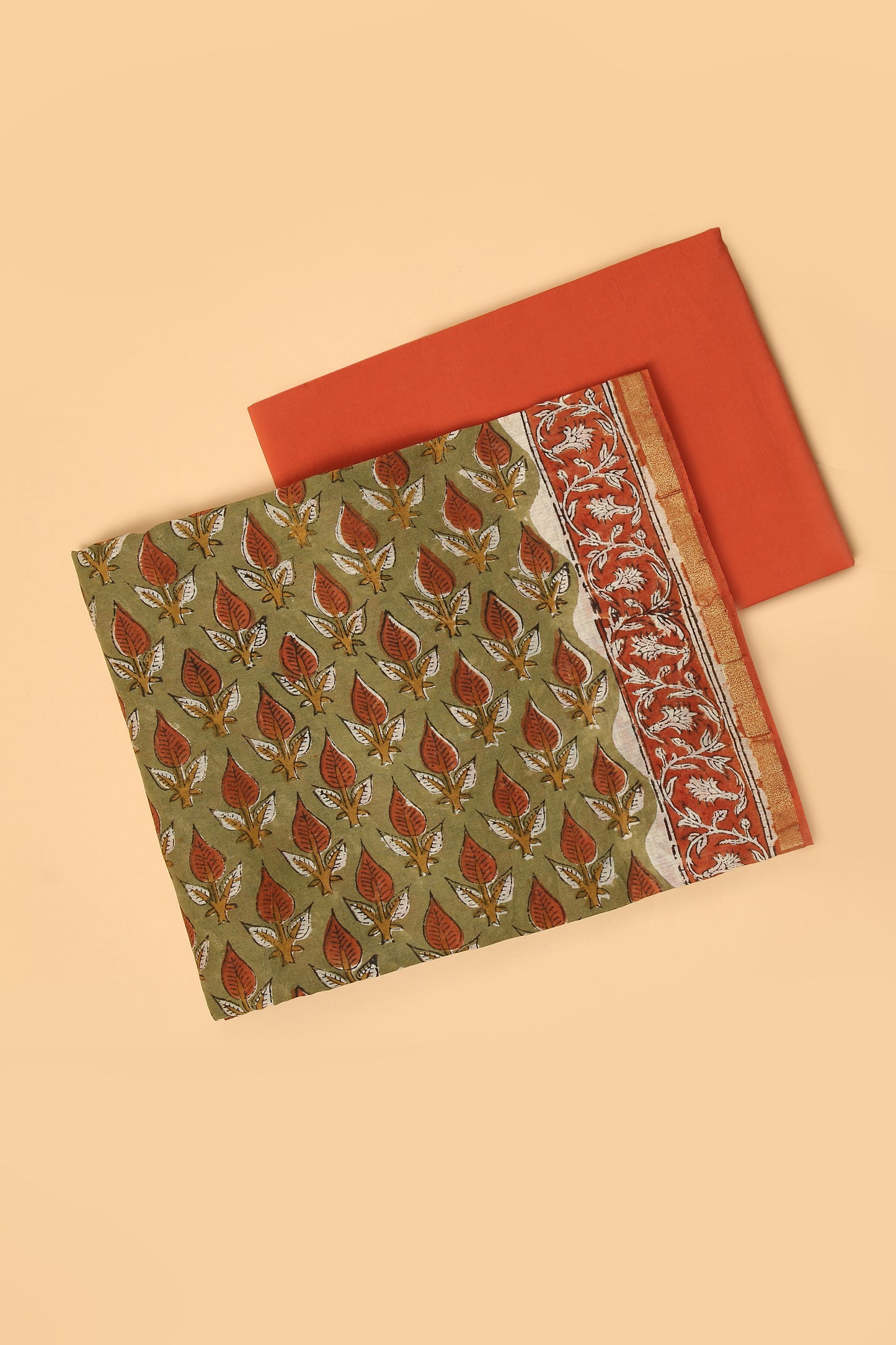 Green Hand Block pure Chanderi unstitched suit set in handblock shirt and dupatta with contrast plain cotton bottom