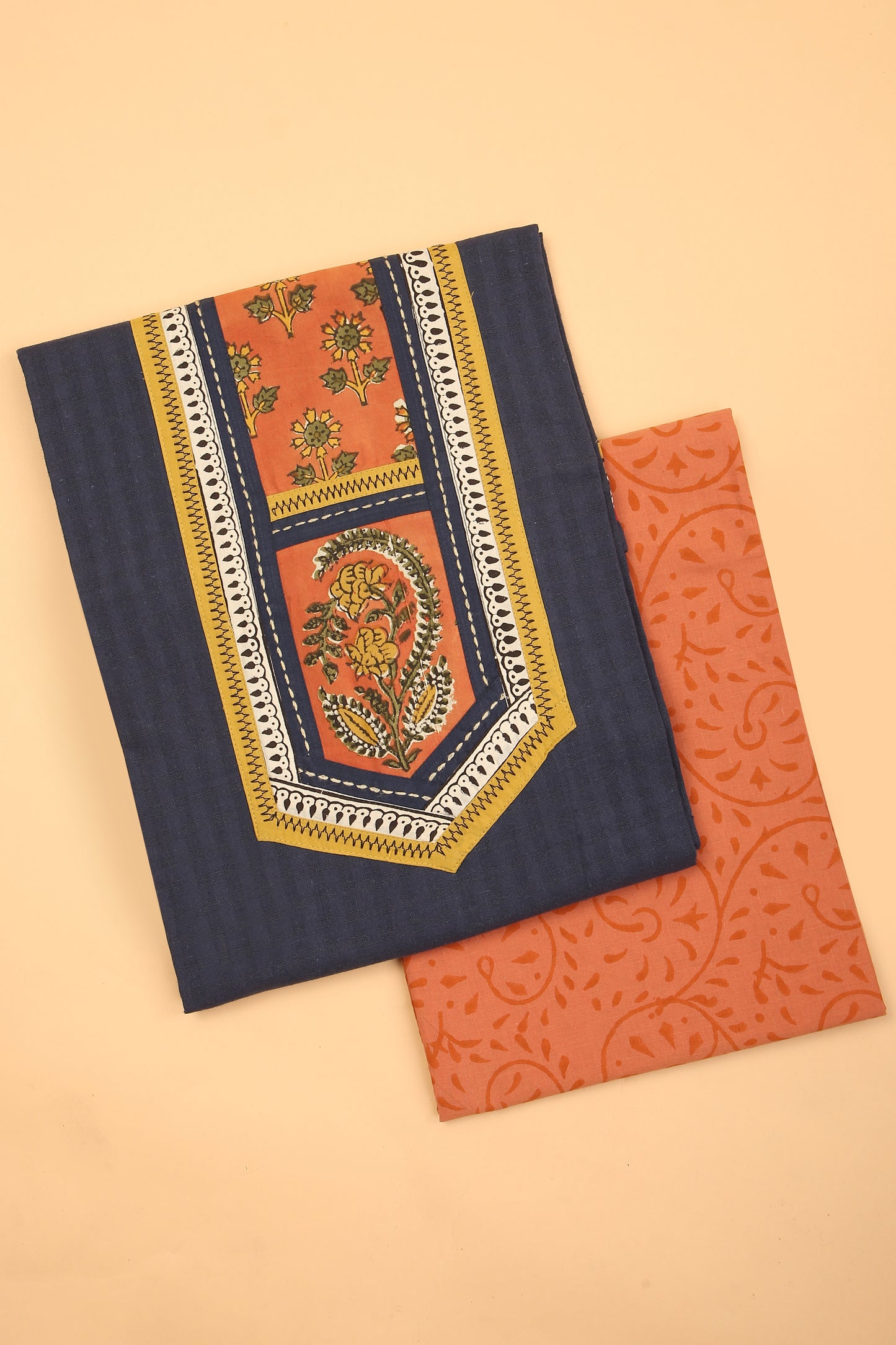 Blue Charm Handloom unstitched Cotton Suit with hand block Maroon Cotton Bottom