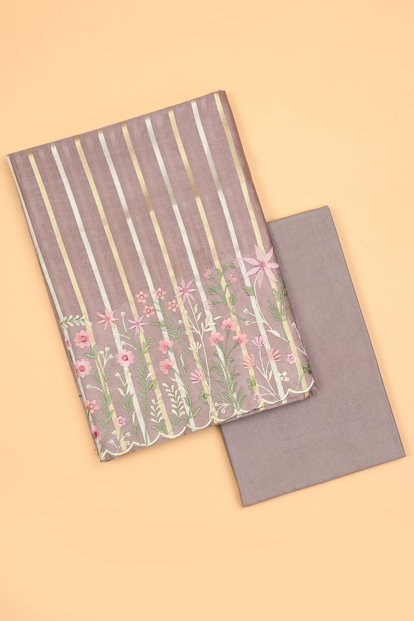 Light Purple Pure chanderi silk unstitched suit set in sona rupa striped weaving paired with multi colour emroidered dupatta