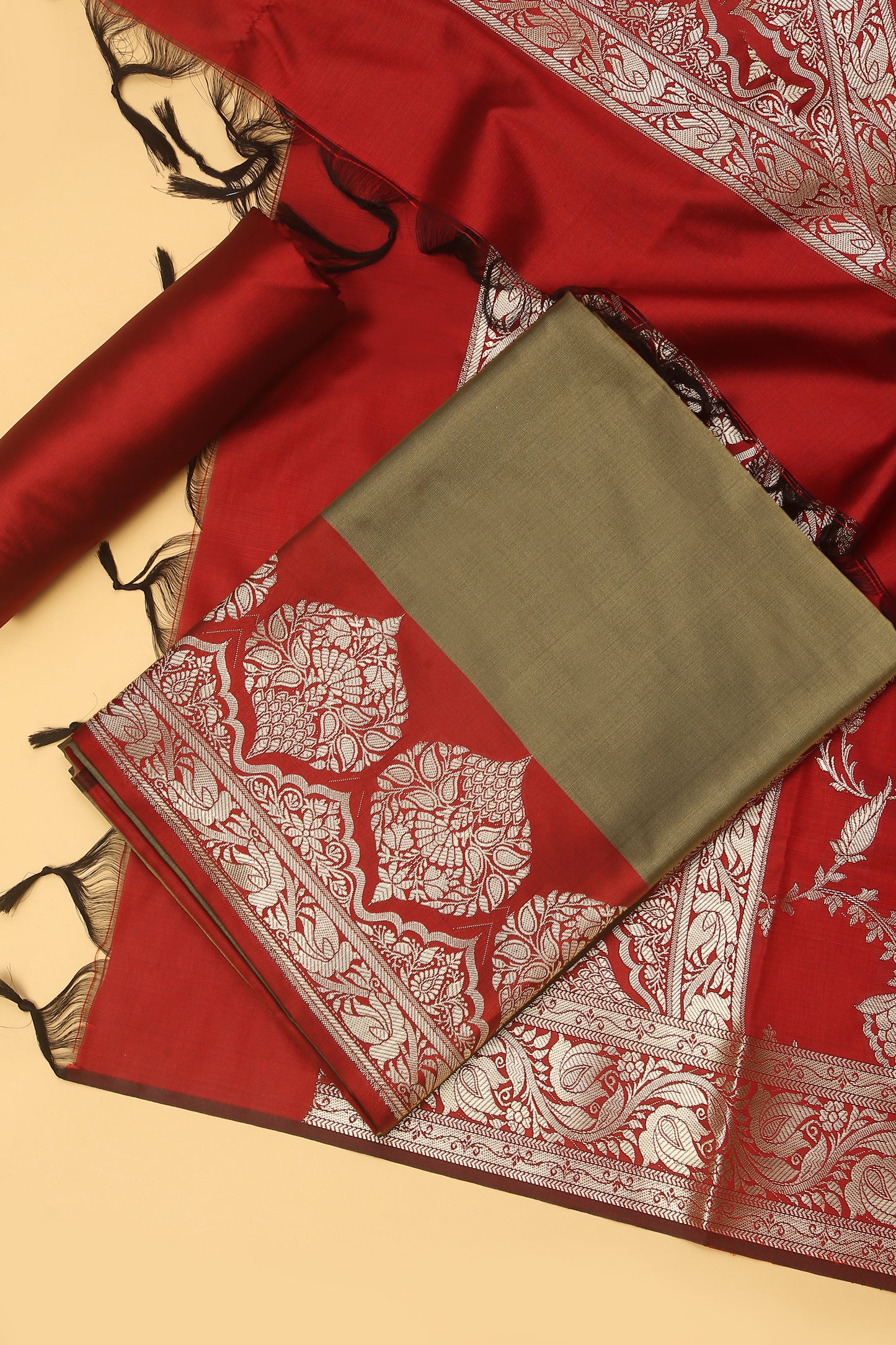 Olive Grey Banarasi Silk BlenSuit Set in Plain Shirt with Contrast Red Front Border and Contrast Red Jaal Woven Dupatta