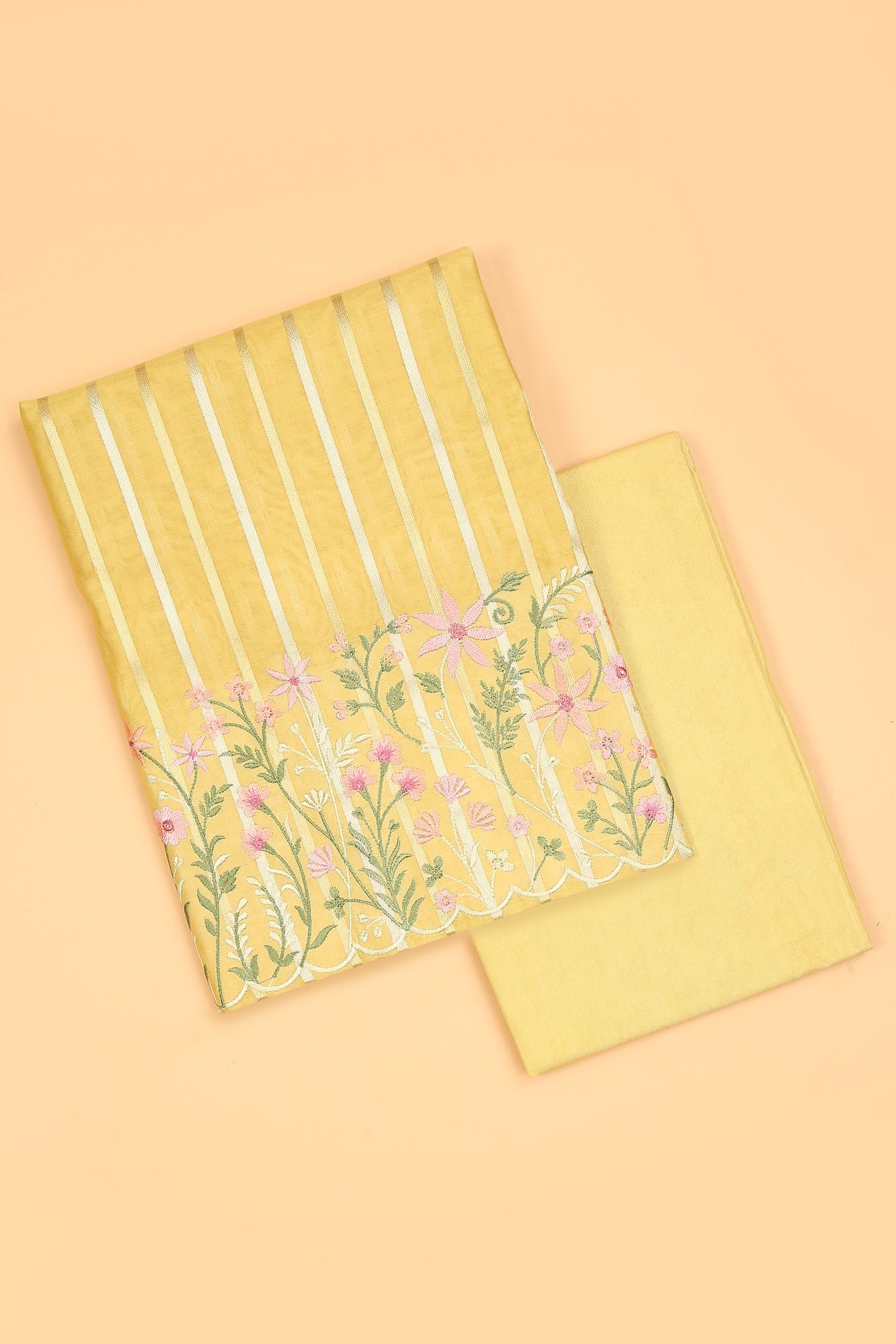 Pastel Yellow Pure chanderi silk unstitched suit set in sona rupa striped weaving paired with multi colour emroidered dupatta
