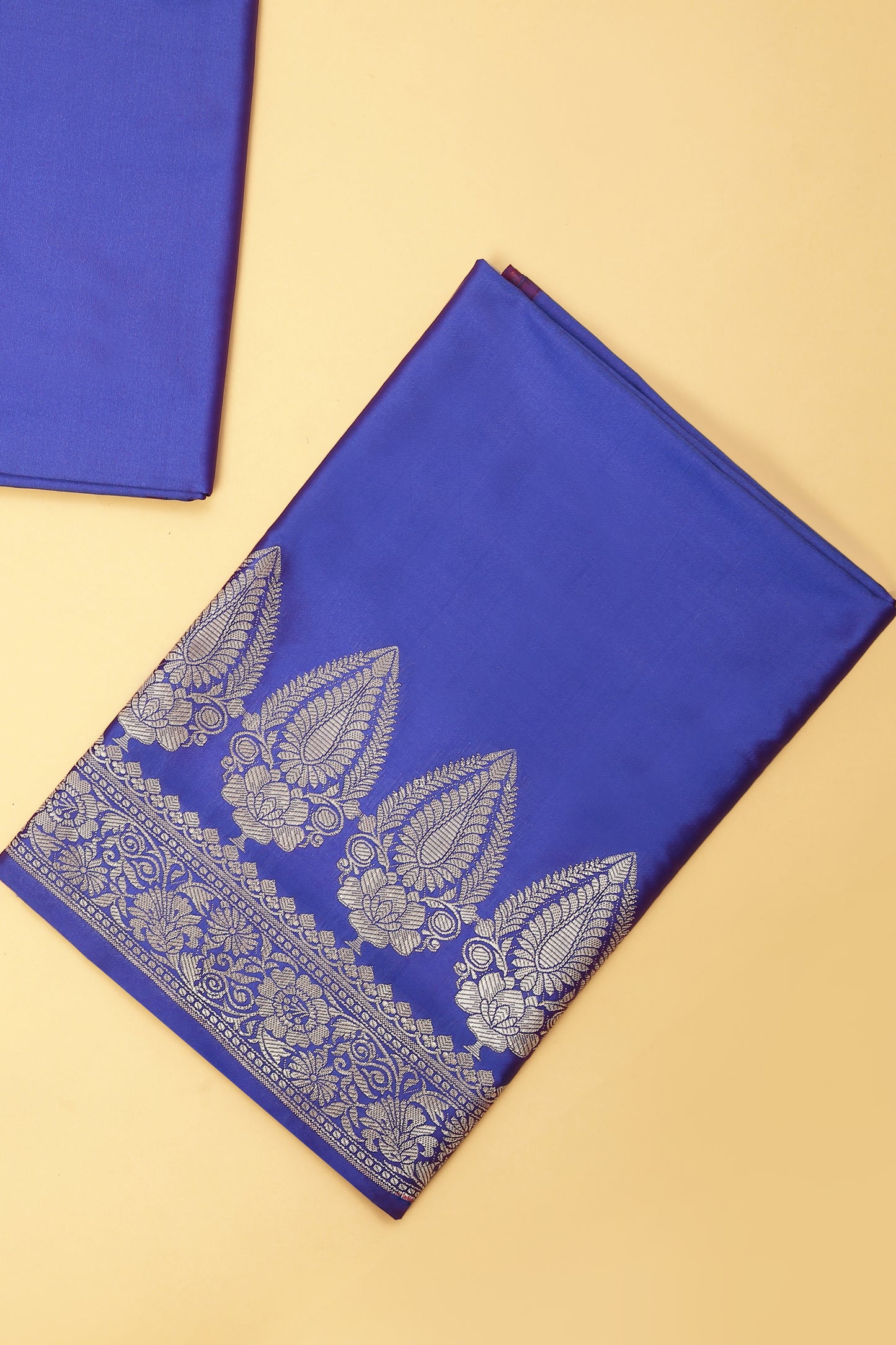 Royal Blue Banarasi Silk Blend Suit Set in Plain Shirt with Front Border and Jaal Woven Dupatta