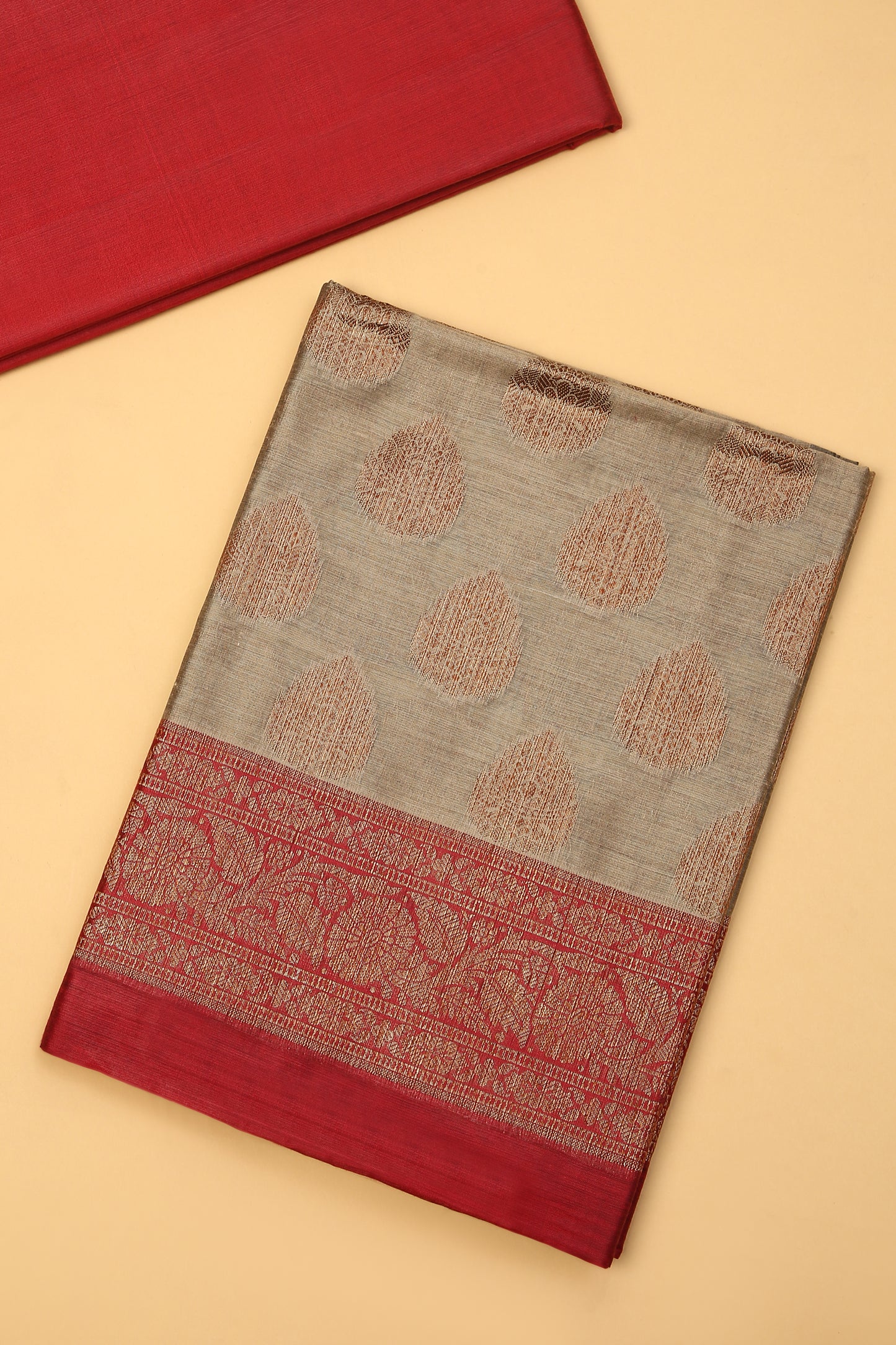 Chiku color Banarasi Cotton Silk Zari Buti Woven Unstitched suit with Red Contrast Jaal Woven Dupatta
