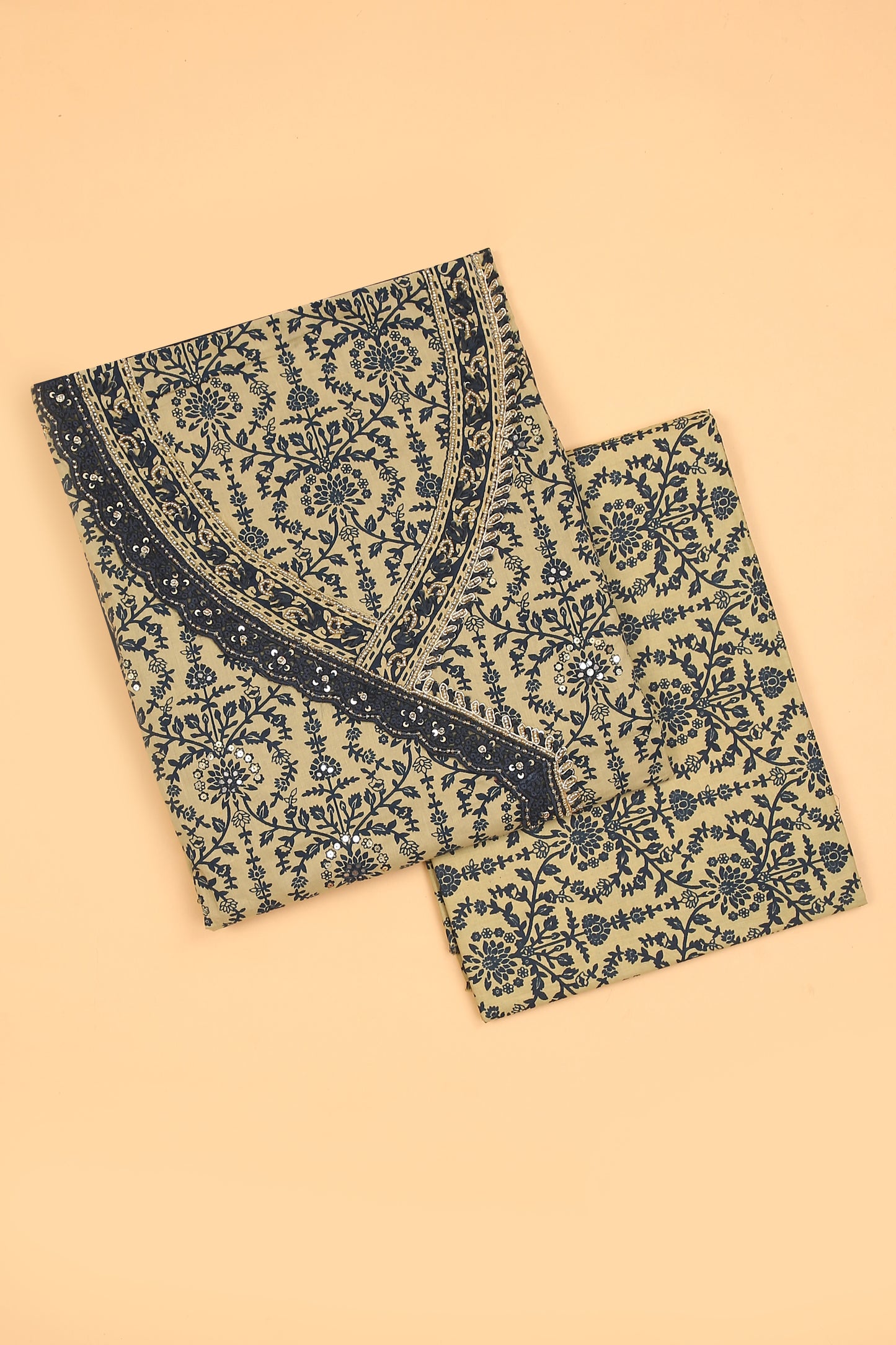 Blue with Beige printed pure cotton unstitched suit set with chiffon printed dupatta