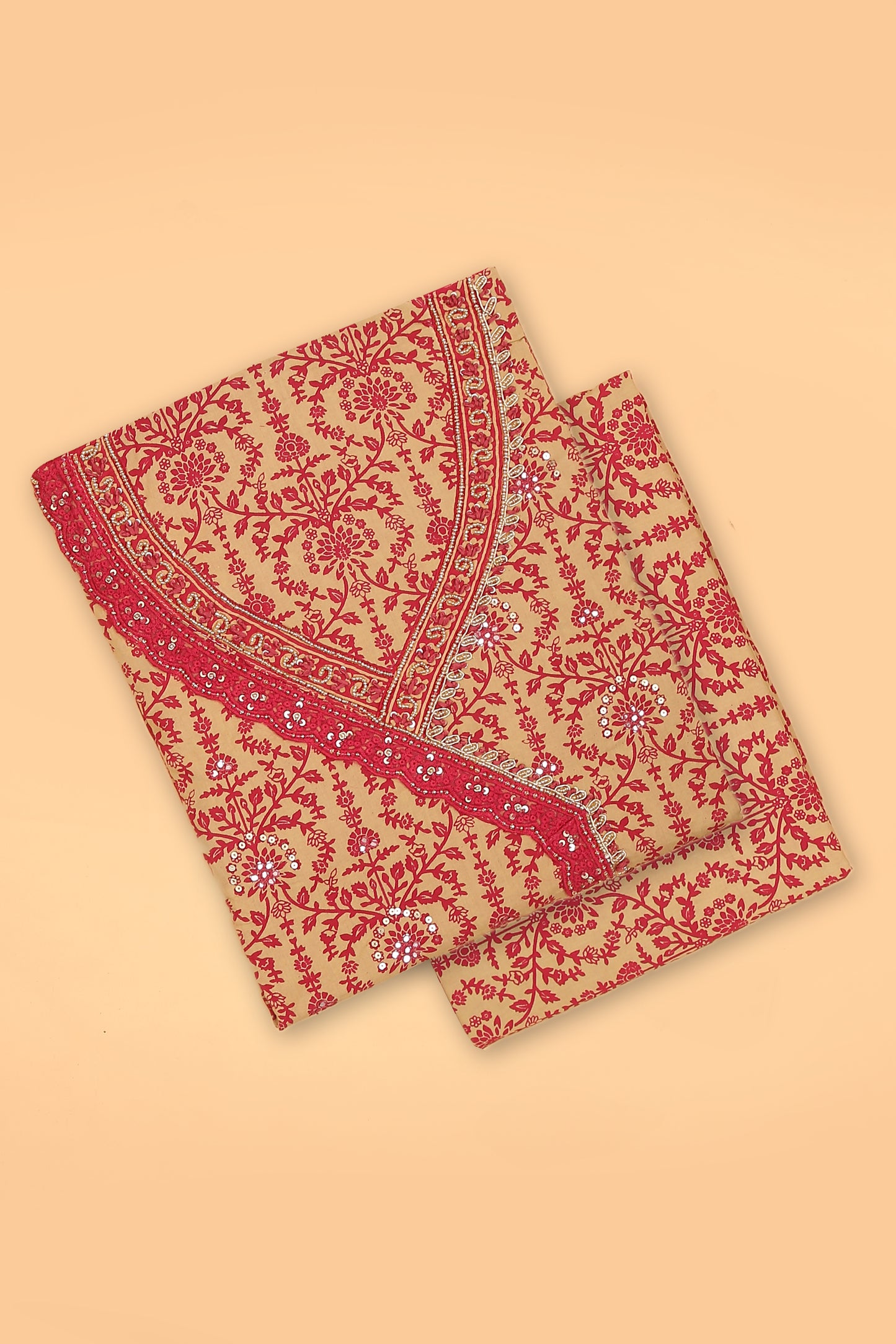 Pink with Beige printed pure cotton unstitched suit set with chiffon printed dupatta