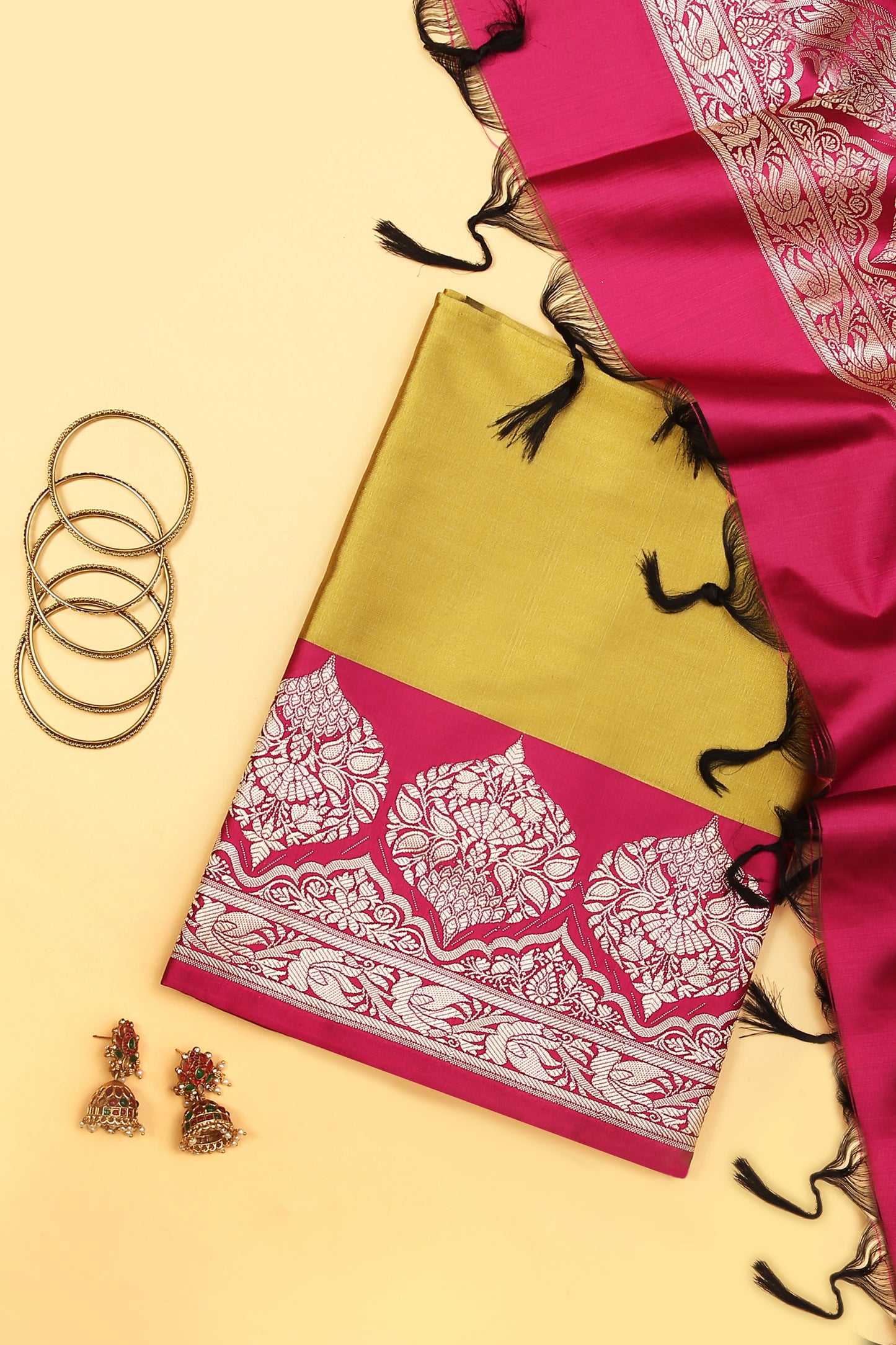 Yellow Banarasi Silk Blend Suit Set in Plain Shirt with Contrast Pink Front Border and Contrast Pink Jaal Woven Dupatta