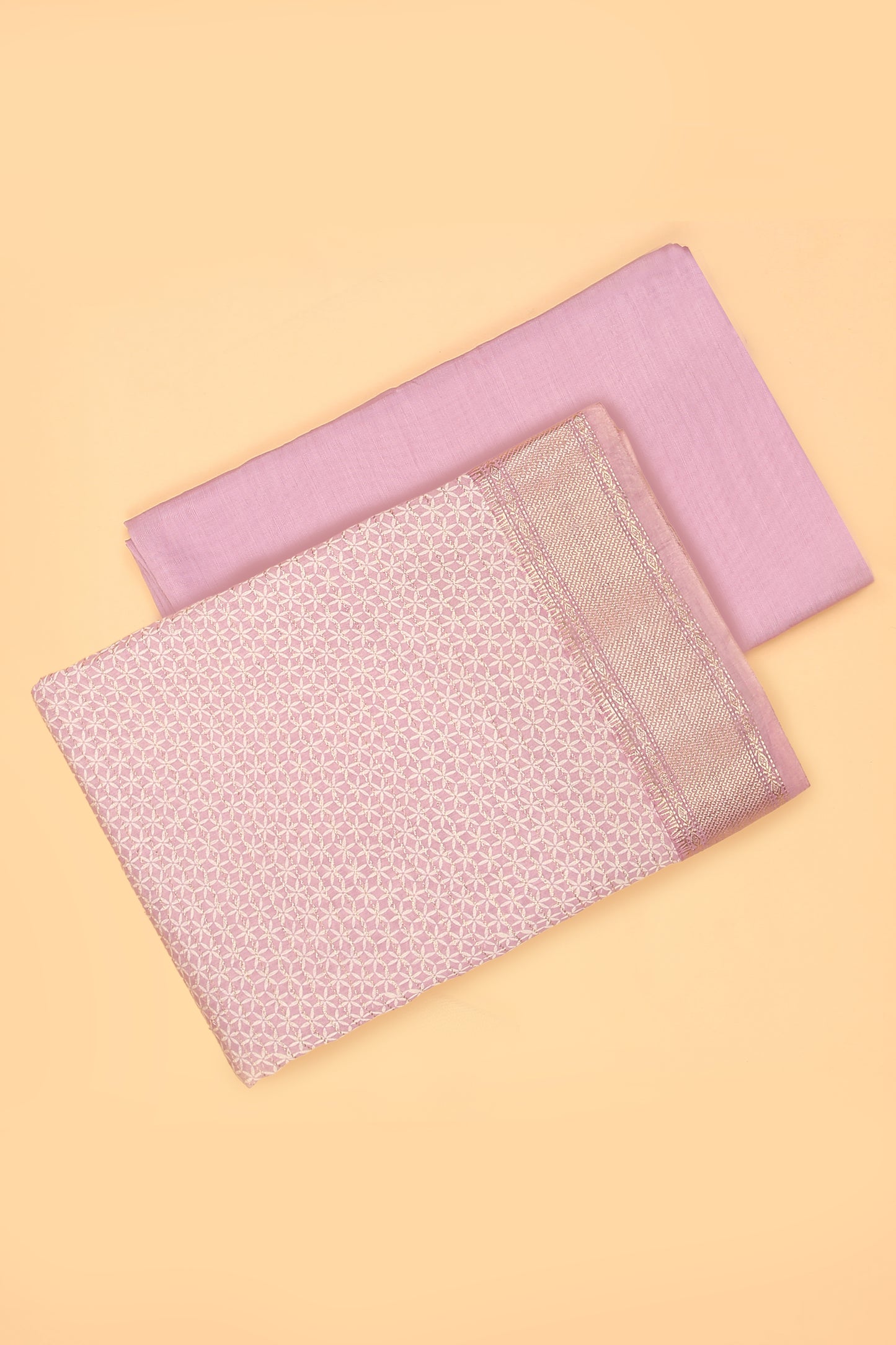 Baby pink Assam Silk Unstitched suit set in Print and Zari woven stripes on shirt with Self Contrast Floral Printed and Zari woven Dupatta