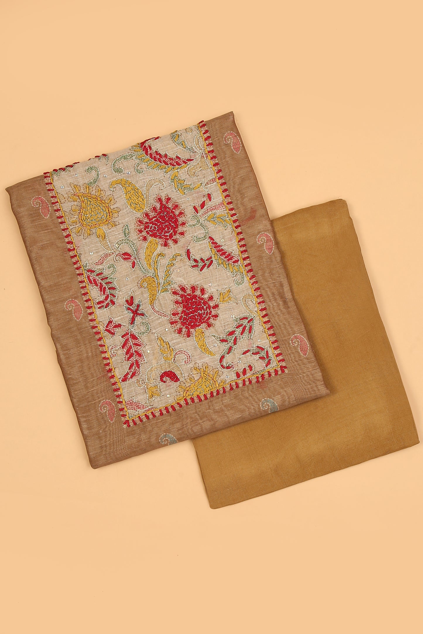 Mustard with beige Chanderi unstitched suit set in Kantha work on neck and kantha print on shirt and dupatta