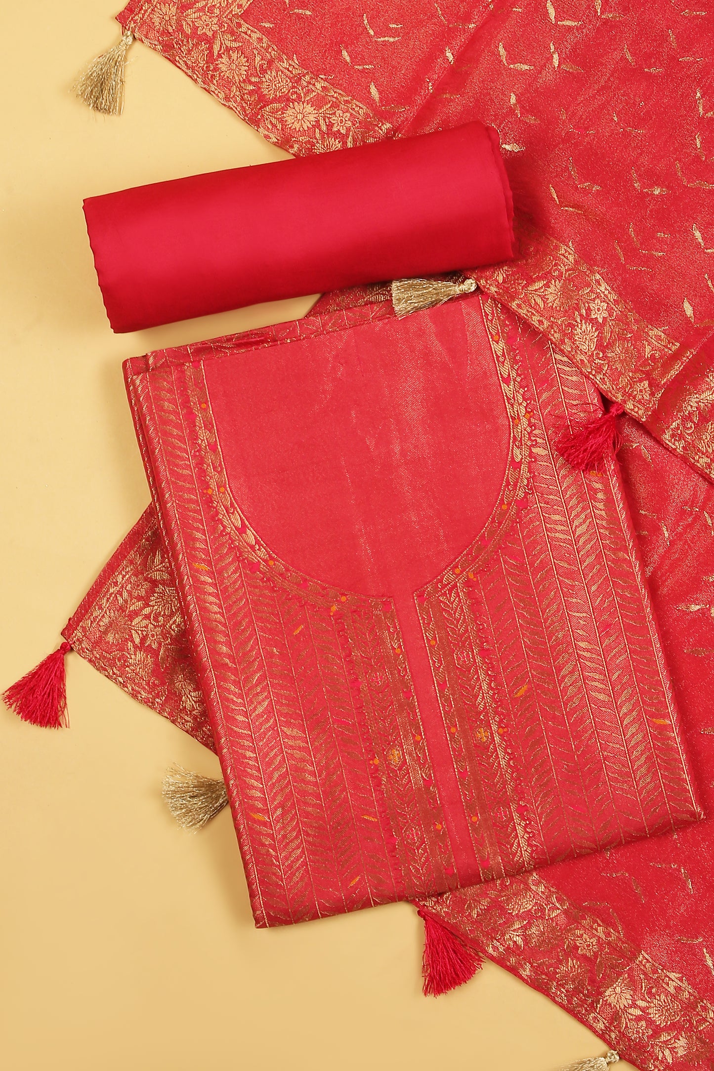 Pink Kimkhwab Silk suit set in intricate weaving with light meena detailed work on neckline and body with Gold zari woven dupatta