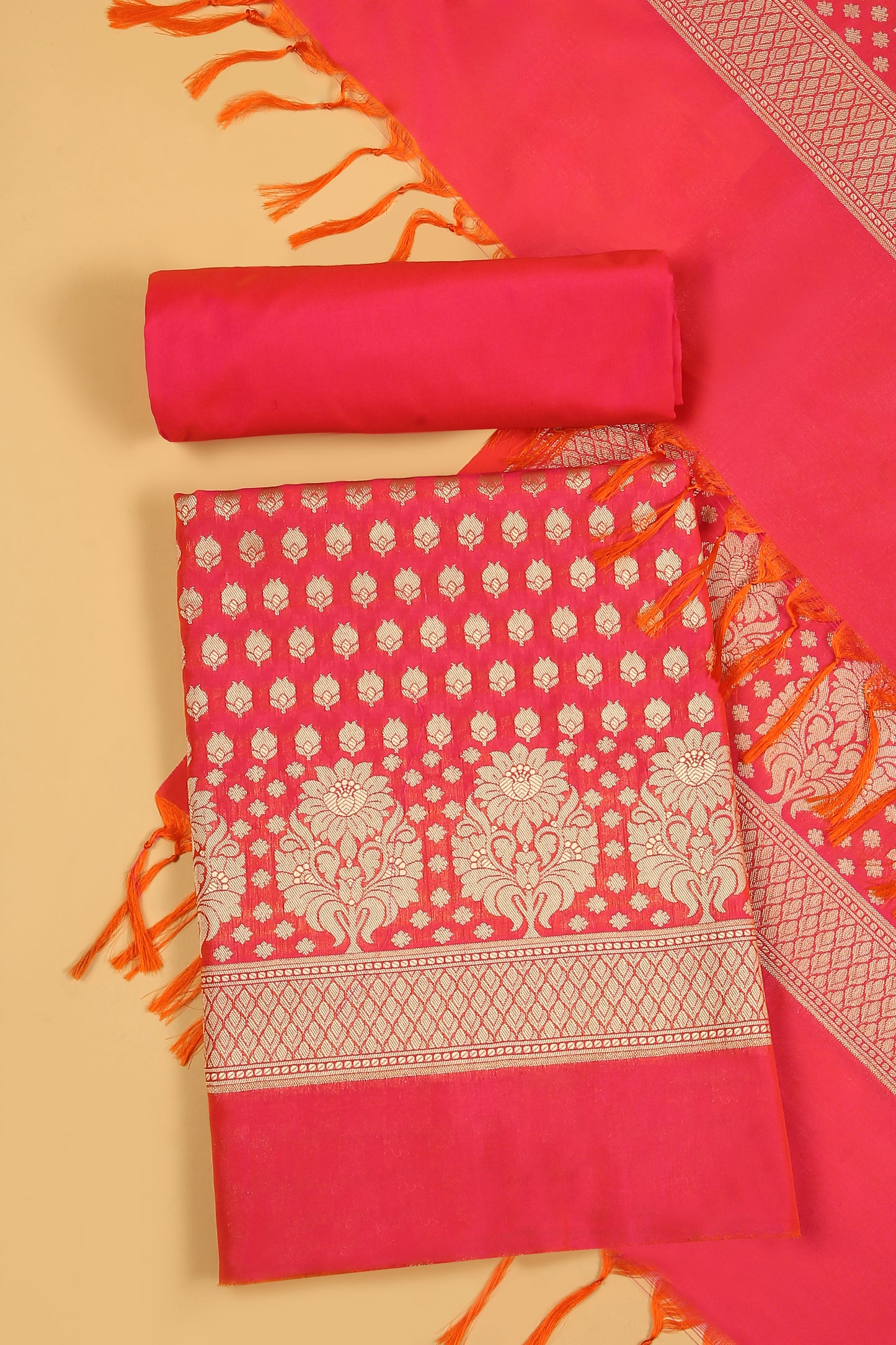 Bright Pink Katan Silk Blend Unstitched suit set with Tradtional Buti woven shirt and Tradional jaal woven Dupatta
