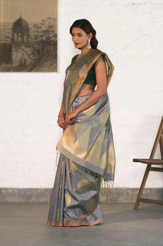 Grey Banarasi Raw Silk Saree with Zari Polka Buta paired with Temple Palla