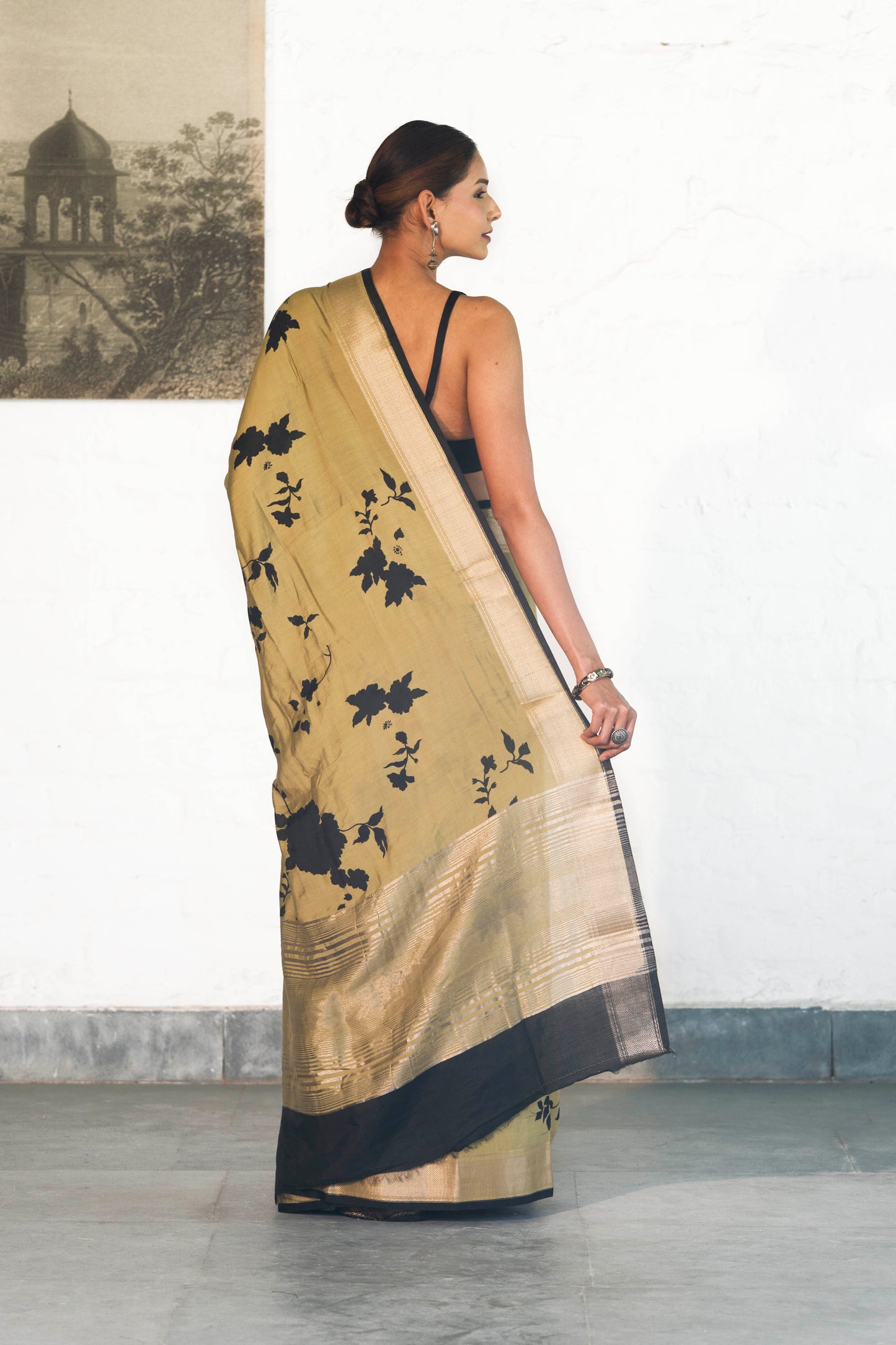 Dusty Green Soft Assam silk in Bold Floral silhouette Digital Print across body and Light Zari Palla