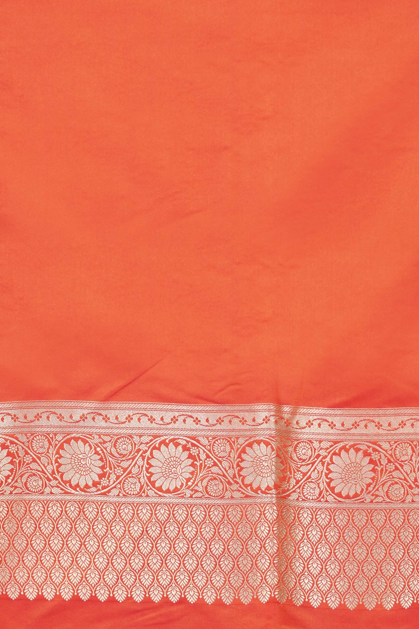 Orange Mashru Silk Saree Woven in Traditonal jangla with Rich Golden Zari Palla