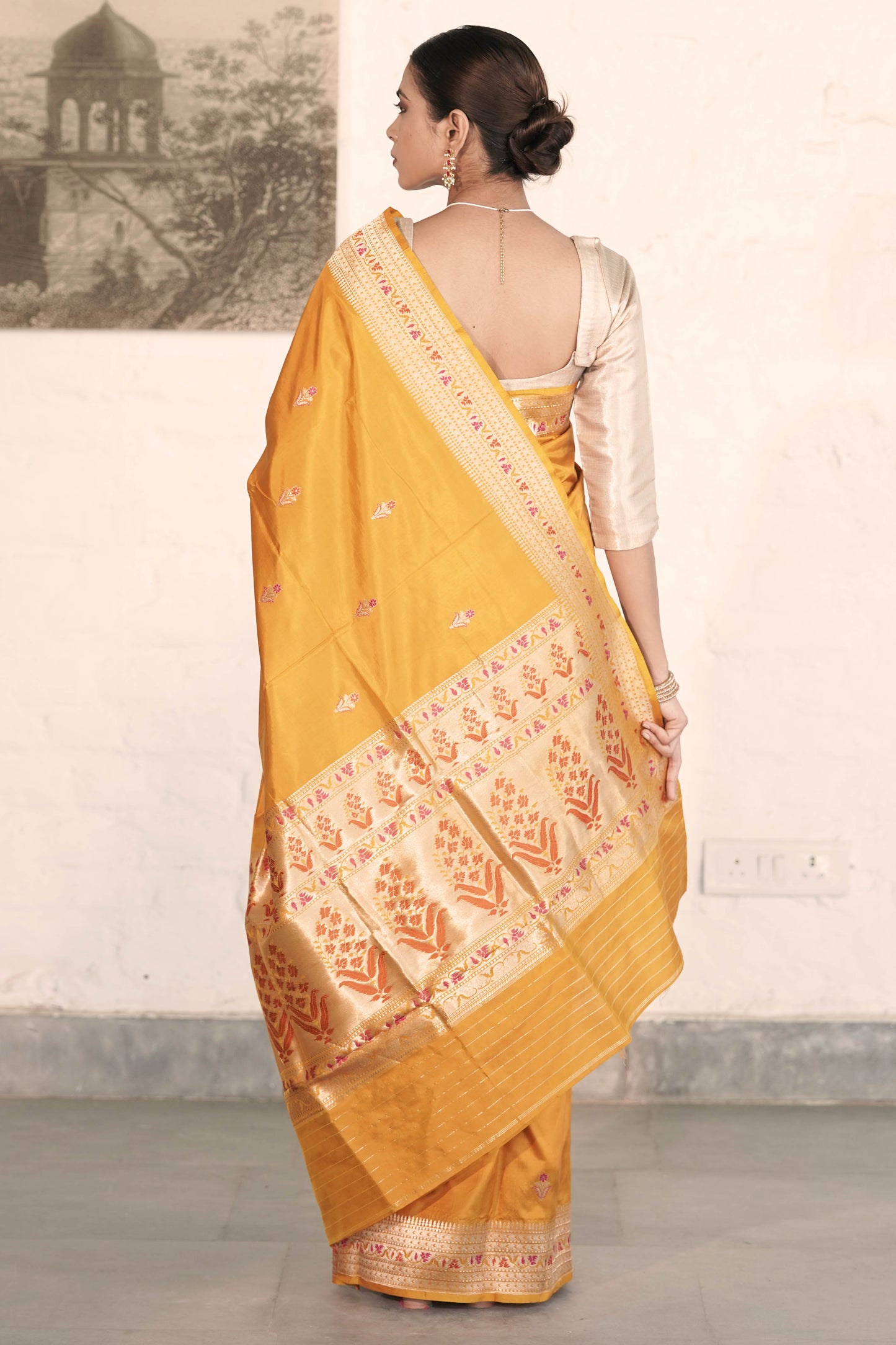Yellow Mustard Pure Katan Silk Saree with Golden Zari and Meenakari work