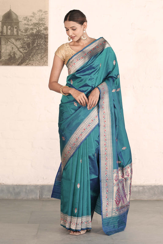 Peackock Blue Pure katan Silk Saree with Golden Zari and Meenakari Work
