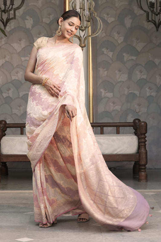 Off White Pure Khaddi Georgette Silk Saree with Contrast Rangkaat design