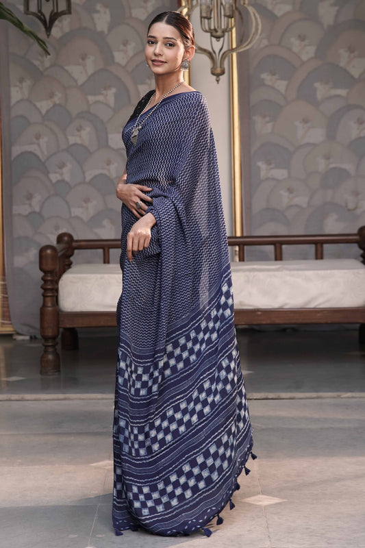 Indigo Chiffon Georgette Saree in Leheriya-inspired Zig Zag Hand block print combined with checkered pallu