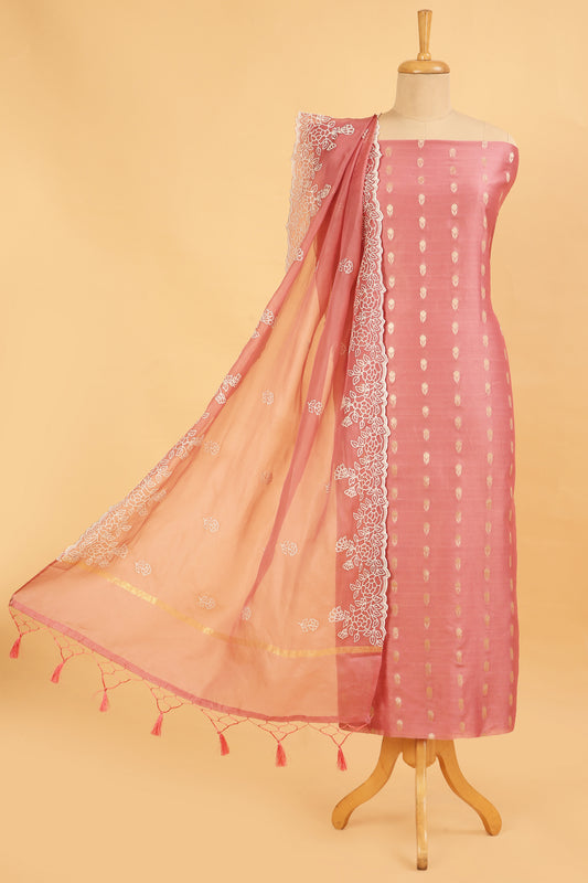 Onion Pink Pure Chanderi Unstitched Suit in buti weaving with Pure Organza embroidered dupatta