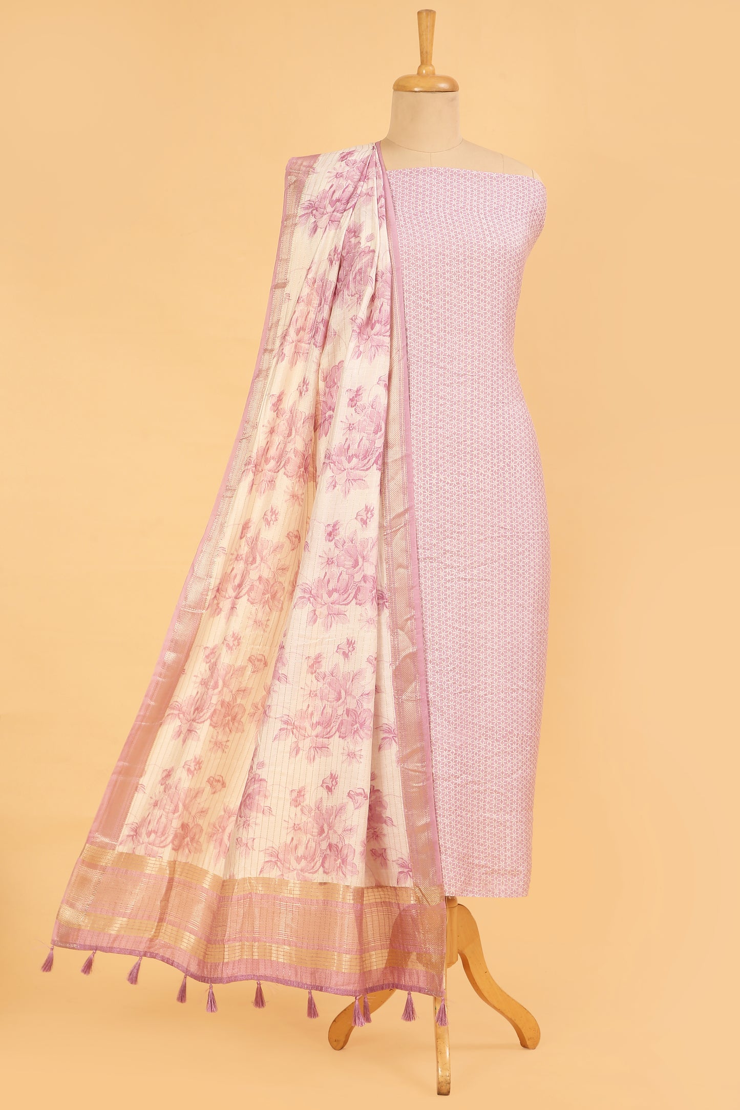 Baby pink Assam Silk Unstitched suit set in Print and Zari woven stripes on shirt with Self Contrast Floral Printed and Zari woven Dupatta