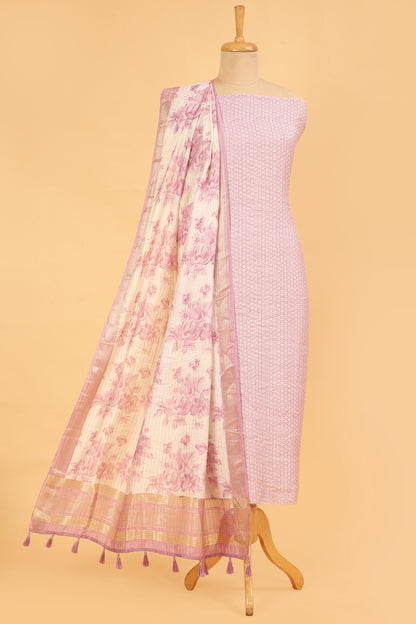 Baby pink Assam Silk Unstitched suit set in Print and Zari woven stripes on shirt with Self Contrast Floral Printed and Zari woven Dupatta