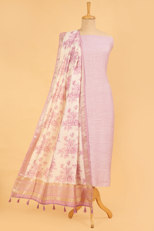 Baby pink Assam Silk Unstitched suit set in Print and Zari woven stripes on shirt with Self Contrast Floral Printed and Zari woven Dupatta